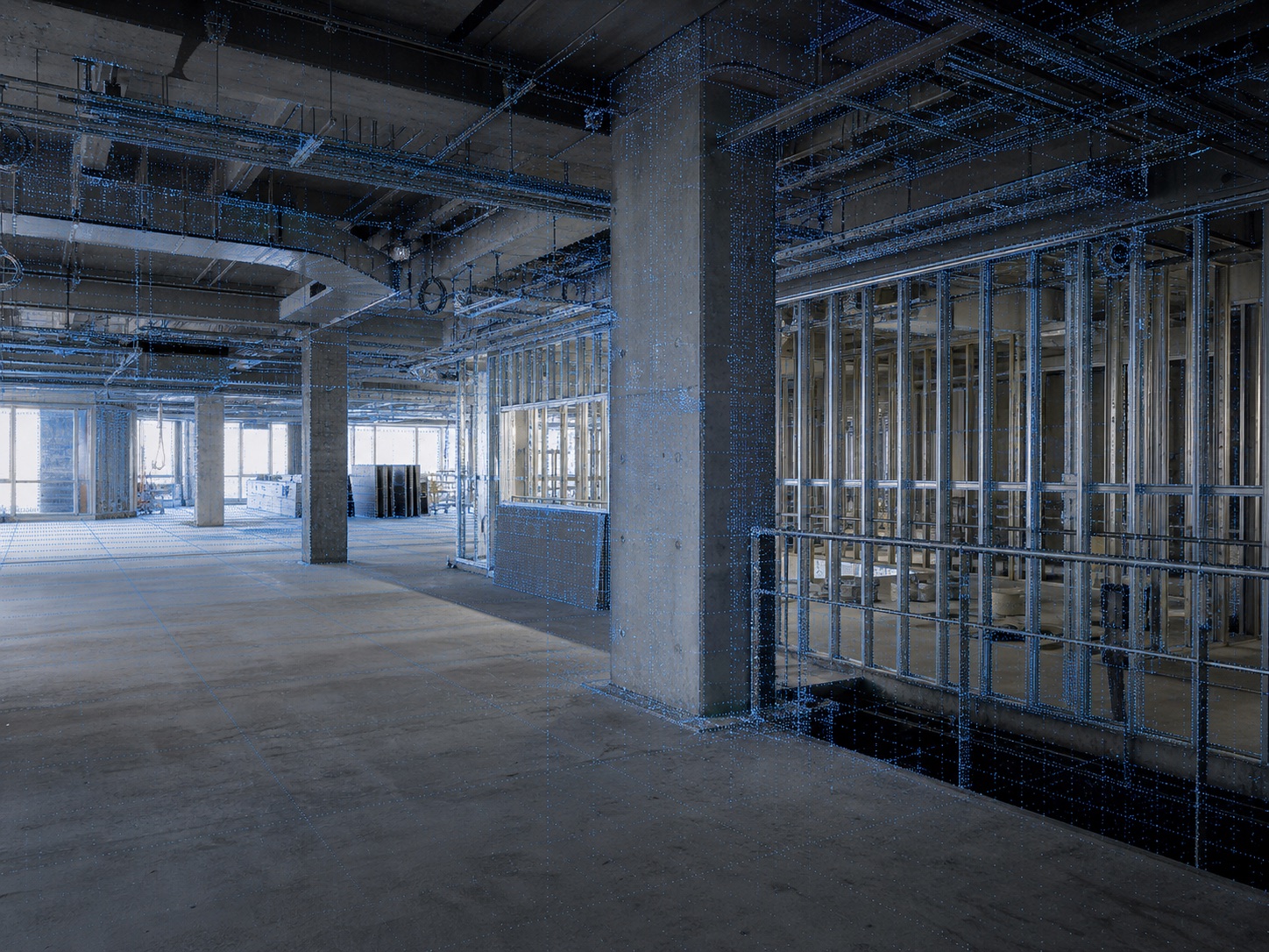 Construction interior shown with a LiDAR point-cloud overlay