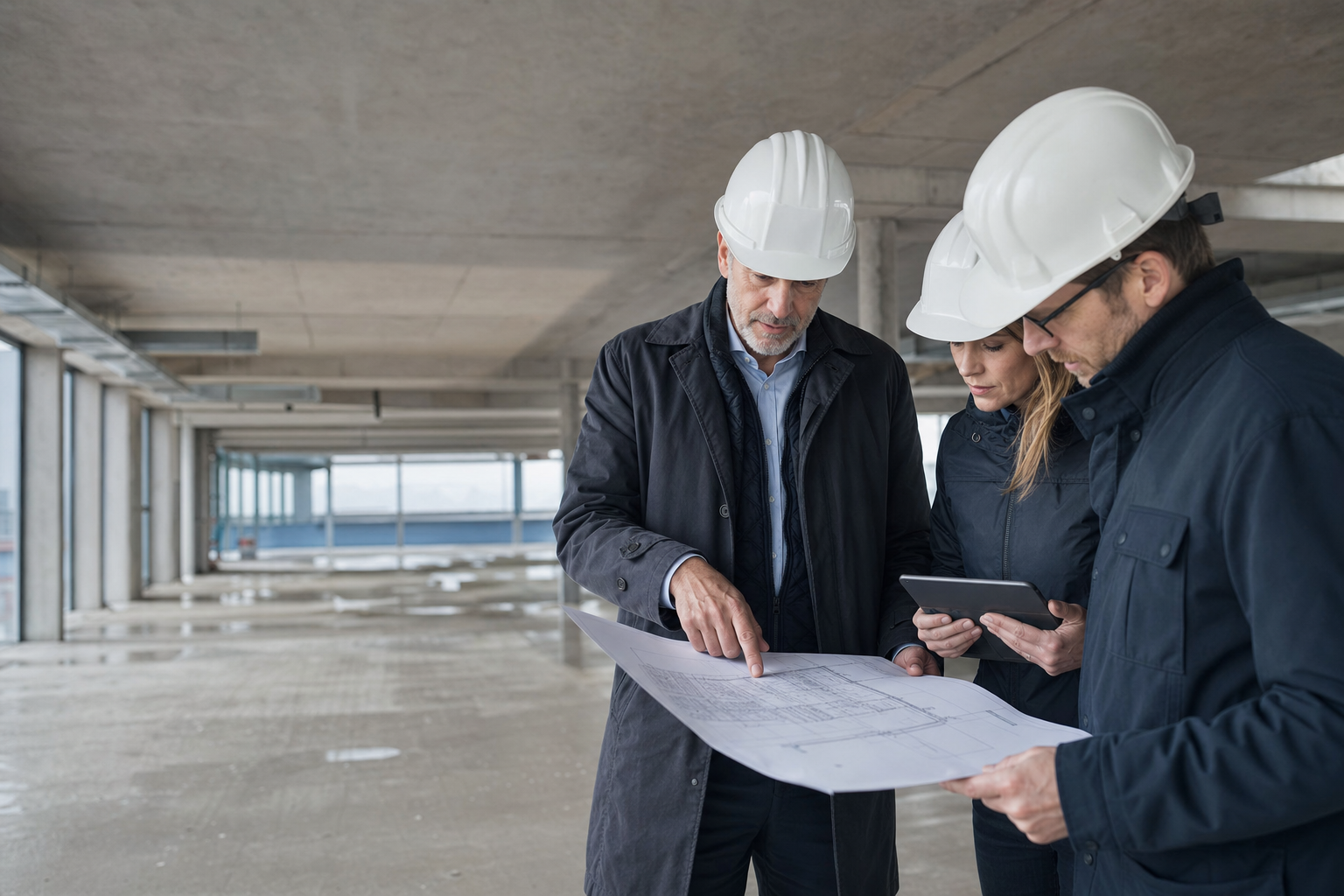 Construction professionals discussing project experience over plans on site