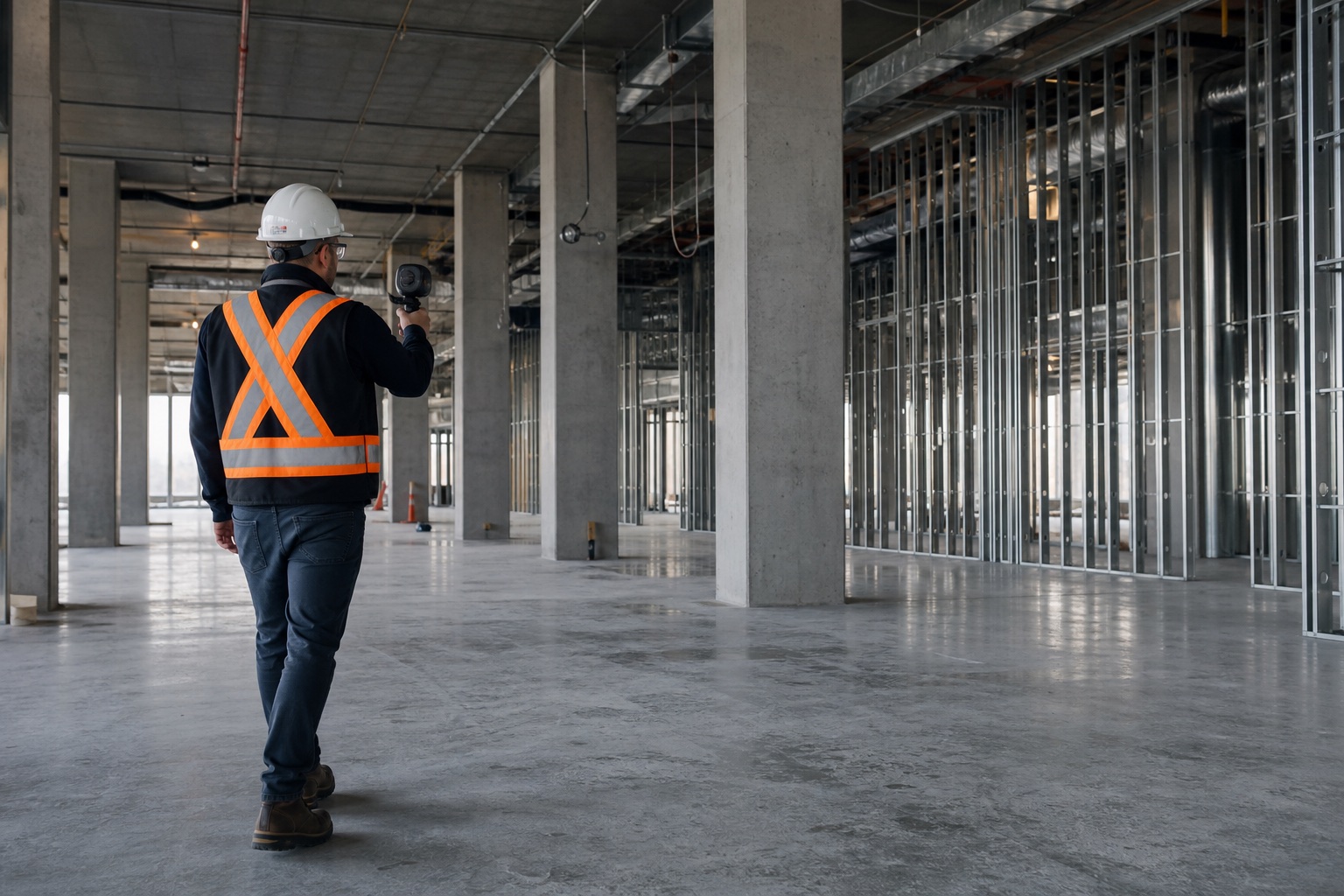 Construction professional performing a handheld site capture inside a commercial building