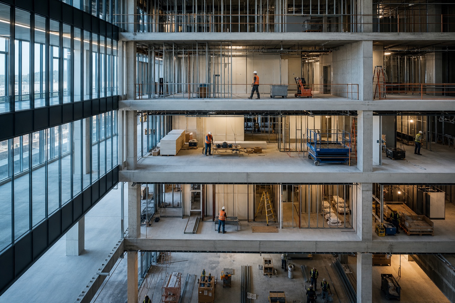 Commercial construction project showing several floors at different stages of completion